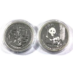 2017 Panda & 2018 Dragon 1oz Niue .999 Fine Silver Coins (Lightly toned). 2pcs (TAX Exempt)
