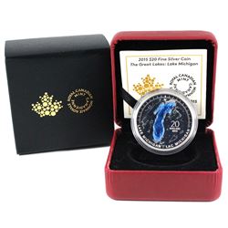 2015 Canada $20 The Great Lakes - Lake Michigan Fine Silver Coin (Capsule is scratched). (TAX Exempt