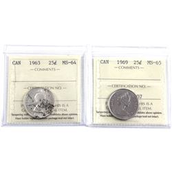 1963 Silver MS-64 & 1969 MS-65 Canada 25-cent ICCS Certified. 2pcs