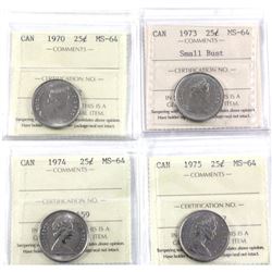 1970, 1973 Small Bust, 1974 & 1975 Canada 25-cent ICCS Certified MS-64. 4pcs