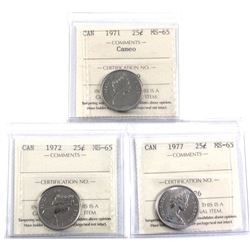 1971 Cameo, 1972 & 1977 Canada 25-cent ICCS Certified MS-65. 3pcs