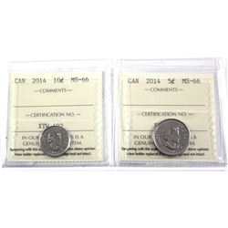 2014 Canada 5-cent & 10-cent ICCS Certified MS-66. 2pcs