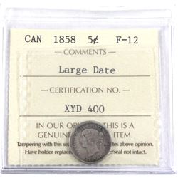 1858 Canada Large Date 5-cent ICCS Certified F-12