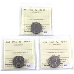 1960, 1961 & 1962 Canada 5-cent ICCS Certified MS-65. 3pcs