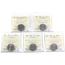 1961,1962,1963,1966 & 1969 Canada 5-cent ICCS Certified MS-64. 5pcs