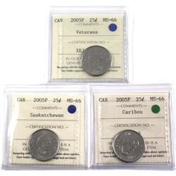 2005P, 2005P Veterans & 2005P Saskatchewan Canada 25-cent ICCS Certified MS-66. 3pcs