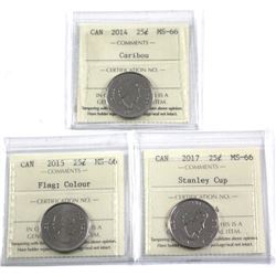 2014, 2015 Coloured Flag & 2017 Stanley Cup Canada 25-cent ICCS Certified MS-66. 3pcs