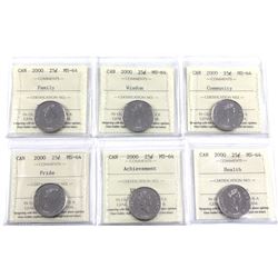 6x 2000 Commemorative 25-cent ICCS Certified MS-64. Lot includes Pride, achievement, health, family,