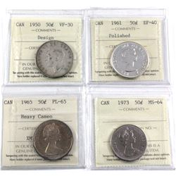 Lot of 4x Canada 50-cents ICCS certified coins: 1950 Design VF-30, 1961 EF-40 (polished), 1965 PL-65