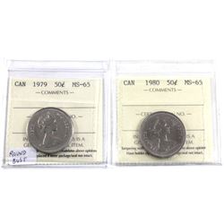 1979 Round Bust & 1980 Canada 50-cent ICCS Certified MS-65. 2pcs