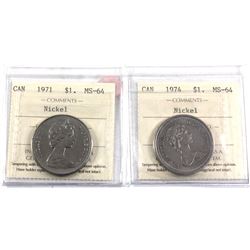1971 & 1974 Canada Nickel Dollar ICCS Certified MS-64. 2pcs