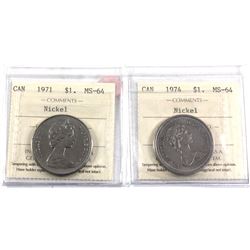 1971 & 1974 Canada Nickel Dollar ICCS Certified MS-64. 2pcs