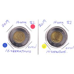 RARE! 2019 Canada 14 serration & 16 Serrations Two Dollar coins in circulated condition. 2pcs