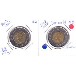 2002 Dot on "H" & 2002 Die Chip of "5" Canada Two Dollar Circulated two dollar. 2pcs