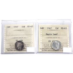 Lot of 2x ICCS Certified Silver 10-cent. Lot includes: 1947 Plain and 1947 Maple Leaf. Both MS-63!