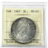 Image 1 : 1967 Silver $1.00 ICCS Certified MS-65. Light toning over frosted fields.