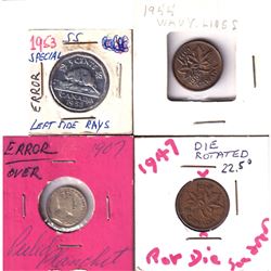 Estate lot of Canadian Error coins: 1947 rotated dies 1-cent (22.5 degree rotation), 1907 5v with pe