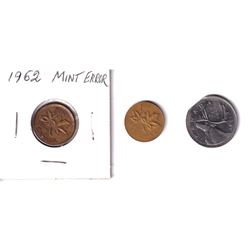 Estate lot of Canadian Error coins: 1962 Raised rim ,1963 thin planchet & 1981 25-cent clipped planc
