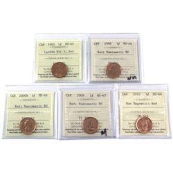 Group lot of Canada 1-cents ICCS Certified: 1965 LgeBds Blt 5 MS-65 Red, 1998 MS-66 red NBU, 2000W M