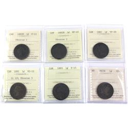 Group lot of Canada 1-cents ICCS Certified: 1882H Obverse 1 F-12, 1882H Obverse 2 EF-40, 1887 Vf-20,