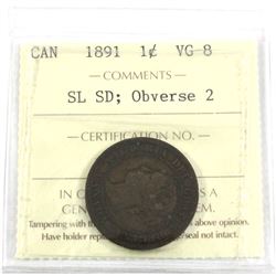 1891 Canada 1-cent Small Date ICCS Certified VG-8 Obverse 2