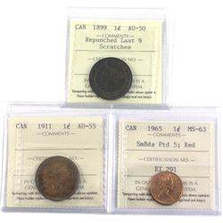 Lot of 3x Canada 1-cents ICCS Certified: 1899 Repunched Last 9  AU-50 scratches, 1911 AU-55 & 1965 S