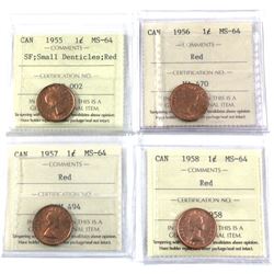 lot of 4x  Canada 1-cent ICCS Certified: 1955 SF small Denticles MS-64, 1956 MS-64, 1957 & 1958 MS-6