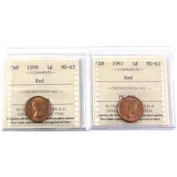 1959 & 1961 Canada 1-cent ICCS Certified MS-65. 2pcs