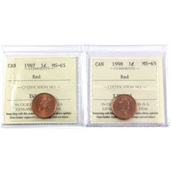 1997 & 1998 Canada 1-cent ICCS Certified MS-65. 2pcs