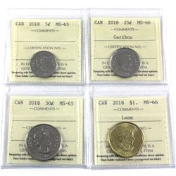 lot of Canadian coins ICCS Certified: 2018 5c MS-65,2018 25c MS-66, 2018 50c Ms-65 & 2018 Loon Dolla