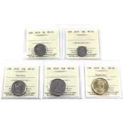 Lot of  Canadian Coins ICCS Certified: 2019 5c MS-65, 2019 10c Ms-66,2019 25c MS-65, 2019 50c Ms-66 