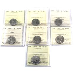 1962,1967,1968,1969 Cameo,1970,1971 & 1973 Canada 5-cent ICCS Certified MS-64. 7pcs