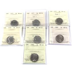 1975,1977 Low 7,1977 High 7, 1978, 1981, 1985 & 1986 Canada 5-cent ICCS Certified MS-64. 7pcs
