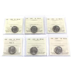 Lot of Canada 5-cent ICCS Certified: 1990 MS-64,1992 MS-65, 1993 MS-34, 1996 Near 6 MS-64, 1997 MS-6