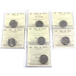 Lot of Canada 5-cents ICCS Certified: 2003P MS-64, 2003P New Effigy MS-64, 2006P MS-64, 2007 MS-65, 