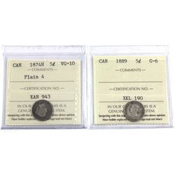 1874H Plain 4 VG-10 & 1889 G-6  5-cents ICCS Certified. 2pcs