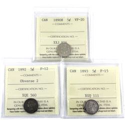1890H VF-20, 1892 Obverse 2 F-12 & 1893 F-15 Canada 5-cents all  ICCS Certified. 3pcs