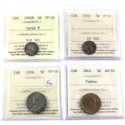1902H Large H VF-20, 1918 F12,1936 VF-30 & 1942 Tombac AU-55 Canada 5-cent all ICCS Certified. 4pcs
