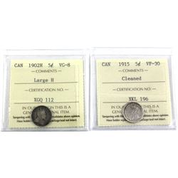1902H Large H VG-8 & 1915 VF-30 (cleaned) Canada 5-cent ICCS Certified. 2pcs
