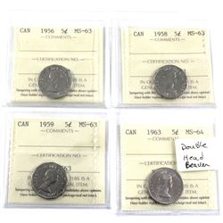 1956,1958, 1959 & 1963 Canada 5-cent ICCS Certified MS-63. 3pcs