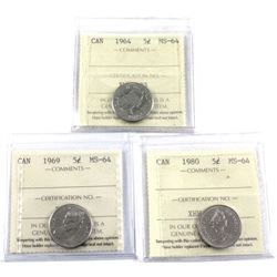 1964, 1969 & 1980 Canada 5-cent ICCS Certified MS-64. 3pcs