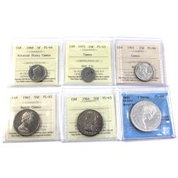 lot of 6x Canada ICCS/CCCS Certified Coins: 1968 Rotated Dies 5-cent PL-64 Cameo, 1975 10-cent PL-65