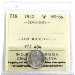1920 Canada 5-cent ICCS Certified MS-64