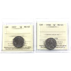 1957 & 1958 Canada 5-cent ICCS Certified MS-65