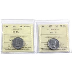 1953 NSF Far Leaf & 1953 SF Near Leaf 5-cent ICCS Certified MS-65. 2pcs