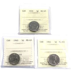 1959,1960 & 1961 Canada 5-cent ICCS Certified MS-65. 3pcs