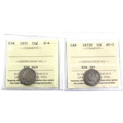 1871 G-4 & 1872H AG-3 Canada 10-cent ICCS Certified. 2pcs