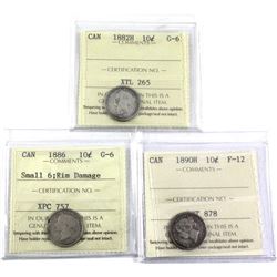 1882H G-6, 1886 Small 6 G-6 (Rim Damage) & 1890H F-12  Canada 10-cent ICCS Certified. 3pcs