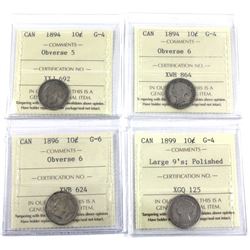 1894 Obverse 5 G-4, 1894 Obverse 6 G-4, 1896 Obverse 6 G-6 & 1899 Large 9's G-4 (polished) Canada 10