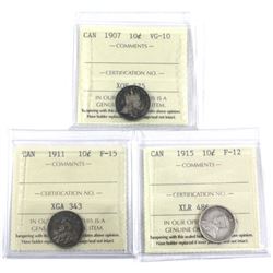 1907 VG-10, 1911 F-15 & 1915 F-12 Canada 10-cent ICCS Certified. 3pcs